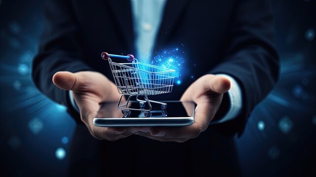 Businessman using smartphone for online shopping with virtual shopping cart interface
