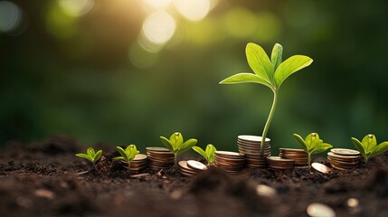 Coin pile with blurred foliage backdrop includes growing seedlings - obrazy, fototapety, plakaty