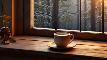 Hot beverages on wooden table next to window
