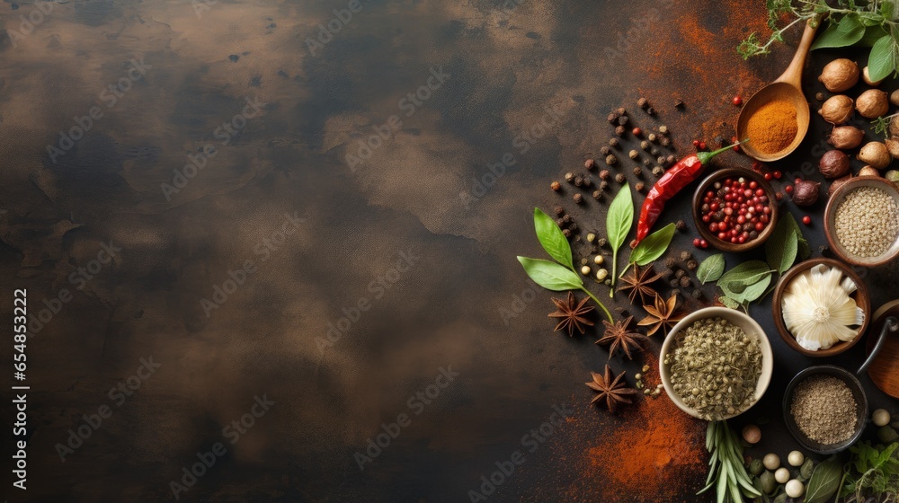 Leinwandbilder food related items and space for text in a rustic style top down view