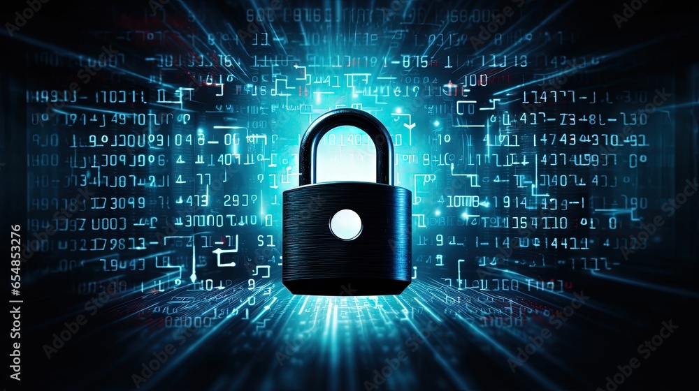 Poster Digital lock protecting binary code against personal data breaches on a blue abstract background