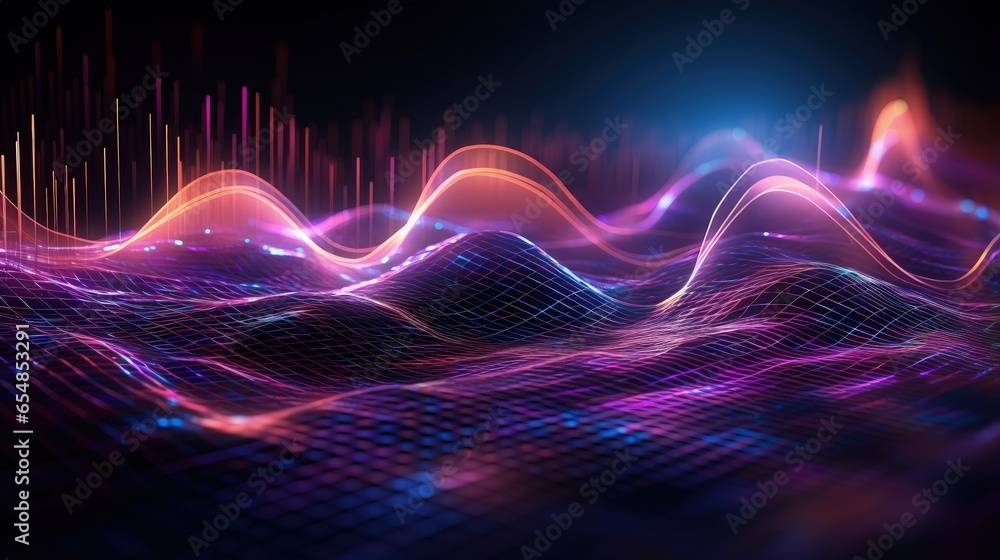 Poster AI technology and 3D illustrated music waves are utilized for digital communication and scientific research in the flow of big data through blockchain data fields connected via network lines