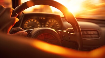 Close up of hands on a steering wheel with shallow depth of field, generated by AI - Powered by Adobe