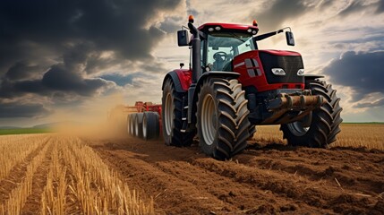 Precision farming is used in Czech Republic with a modern red tractor that seeds into stubble using red equipment and GPS