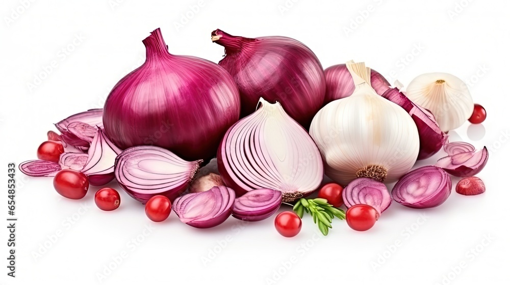 Poster Top view of red onions garlic and spices arranged diagonally on a white background