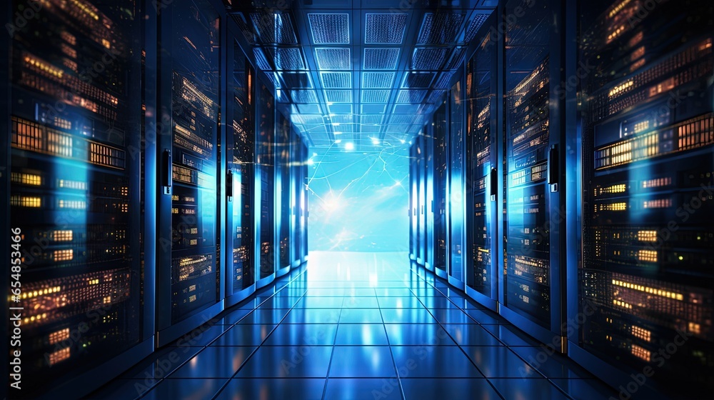 Poster 3D illustration of a data center with working panels and servers for big data solutions and internet connections