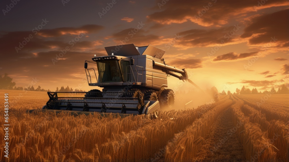 Poster combine harvester working in the picturesque twilight landscape of a wheat field at dawn and dusk
