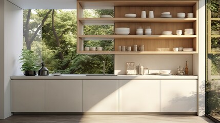 Modern kitchen with corner window and white cabinets - obrazy, fototapety, plakaty