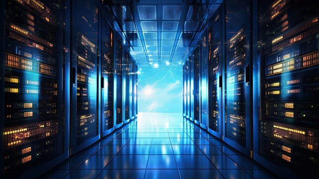 3D illustration of a data center with working panels and servers for big data solutions and internet connections