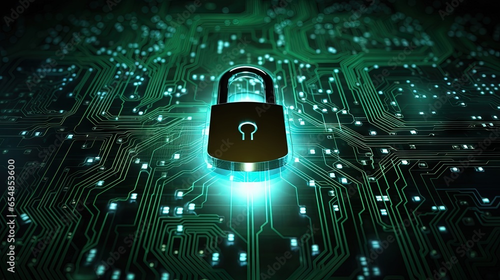 Poster cybersecurity for businesses with circuit board lock to secure data