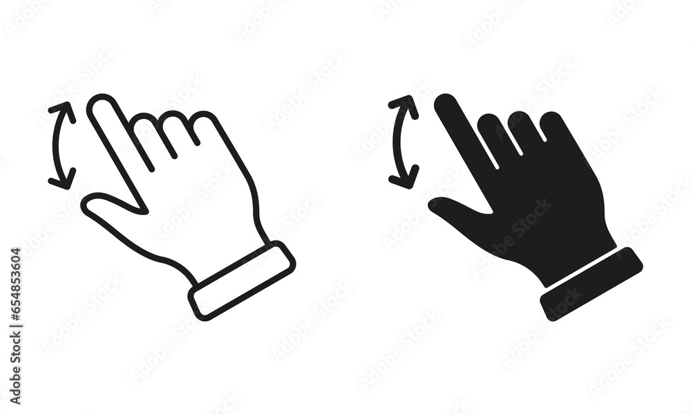Poster hand finger swipe, drag up and down line and silhouette black icon set. gesture slide down and up pi