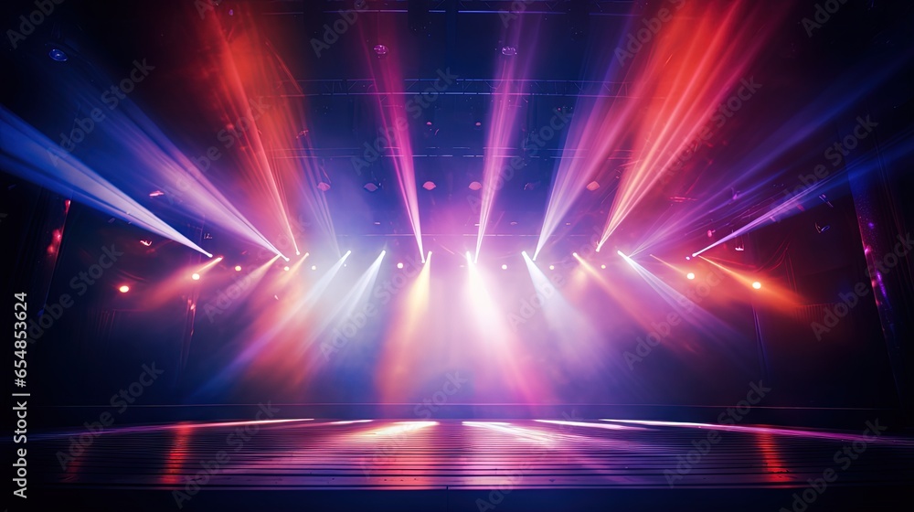 Poster blurred empty theater stage with fun colourful spotlights abstract image of concert lighting illumination background
