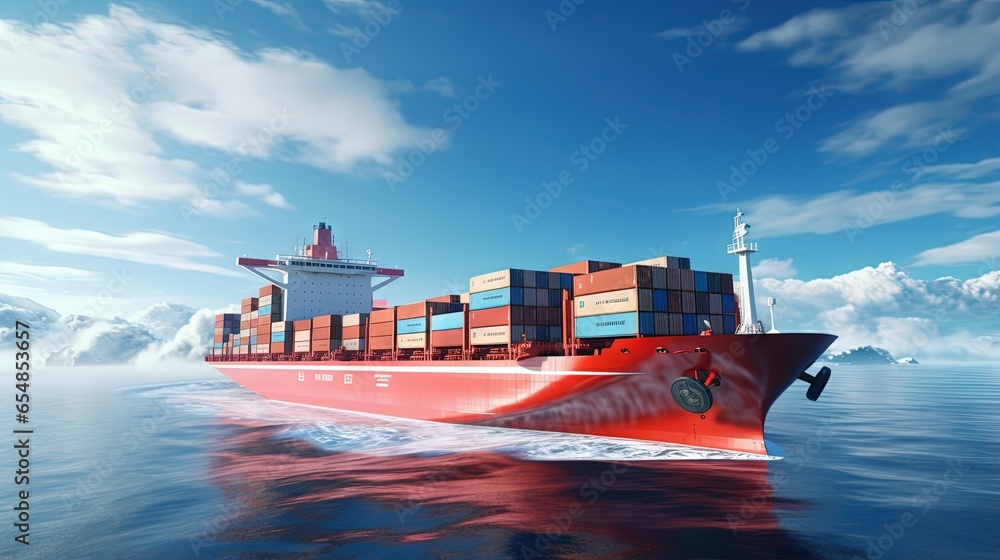 Poster aerial view of a smart cargo ship transporting containers from a depot to the ocean depicting the co