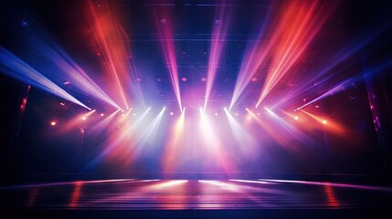 blurred empty theater stage with fun colourful spotlights abstract image of concert lighting illumination background - obrazy, fototapety, plakaty