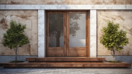 Wooden door with frame and glass facade granite step threshold near asphalt sidewalk close up green bushes