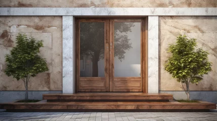  Wooden door with frame and glass facade granite step threshold near asphalt sidewalk close up green bushes © vxnaghiyev