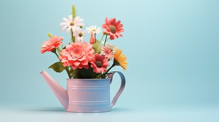 Advertisement concept featuring 3D rendered pastel blue background with vibrant flowers and green leaves in a pink water can Minimal nature theme