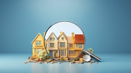 Online search for houses property value home buying selling real estate investment ideas Icons of homes and research in a magnifying glass on a blue background - obrazy, fototapety, plakaty