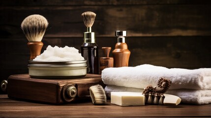 Men using male grooming products such as a straight razor towel shaving brush and foam on a wooden background - obrazy, fototapety, plakaty