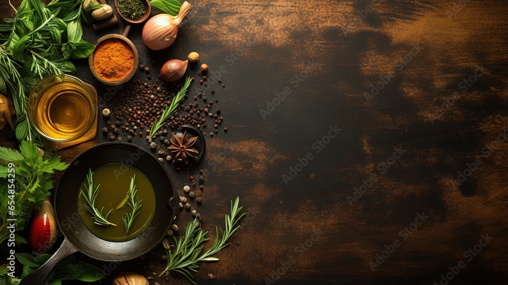 Poster top view of a food background with space for text featuring herbs olive oil and spices arranged arou