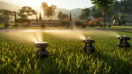 Smart autonomous sprinklers installed under turf for automatic garden watering system irrigating fruit garden and lawn hills in landscaped design at sunset - obrazy, fototapety, plakaty