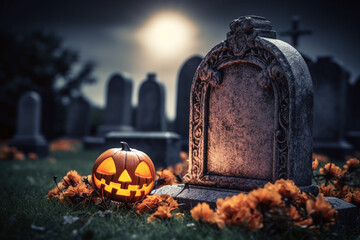 A picture of a pumpkin with a carved face in a graveyard at night with a full moon on halloween, halloween celebrations image