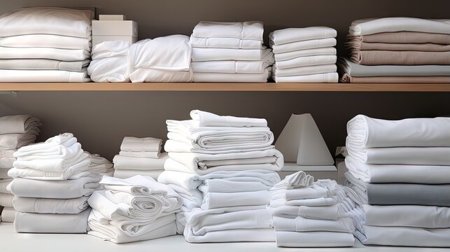 Tidy stacks of white linens including bed sheets towels and other necessary items in hospitality