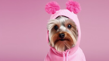 Yorkshire terrier wearing clothes alone on pink background