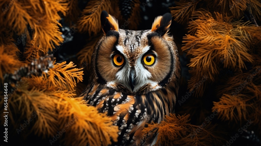 Poster concealed image of owl with large orange eyes behind tree trunk wild creature in natural environment