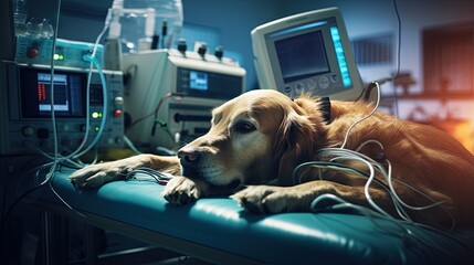 A dog with medical devices is on the operating table in a vet clinic waiting for surgery while the vet administers anesthesia