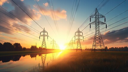 Sunrise solar power concept high voltage pylons transfer sustainable electricity - obrazy, fototapety, plakaty