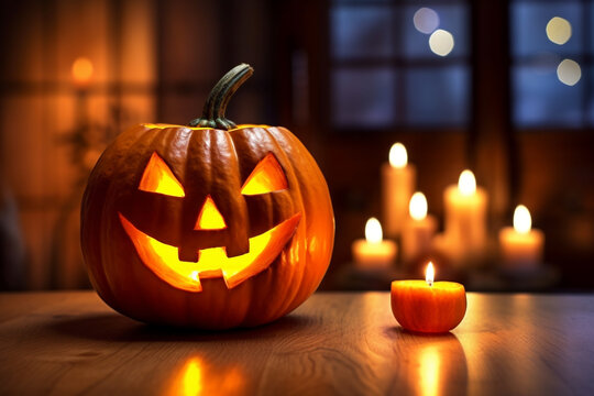 A photo of a decorated living room with a carved pumpkin on a wooden table the pumpkin has a smiley face and a burning candle inside, halloween celebrations image