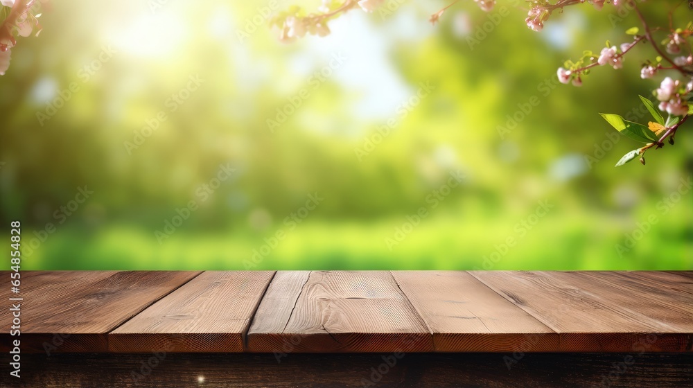 Poster Product display and picnic concept with empty table in front of green spring bokeh background