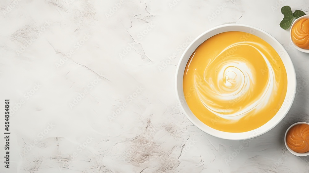 Poster pumpkin soup with creamy texture on marble background top view