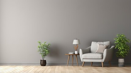 3D rendering of living room mockup with warm toned wall gray armchair sofa and wooden flooring