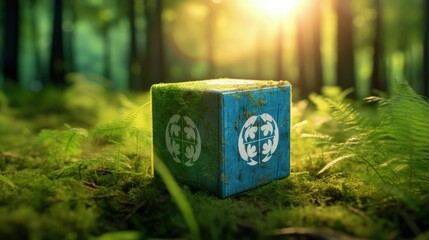 Creating a 3D illustration of a logo for the concept of 17 global goals in sustainable development and climate action based in a moss forest background