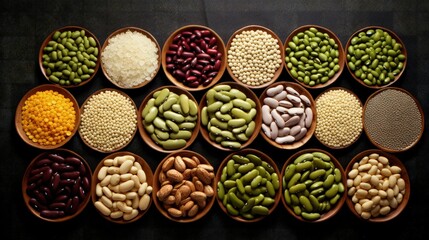 Different types of grains including beans rice wheat and millet used as natural food materials and agricultural products