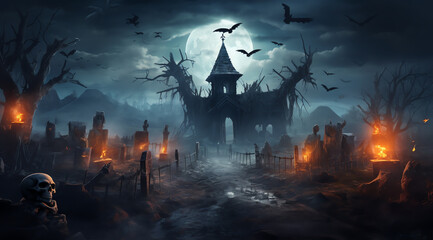 A haunting graveyard scene with a mysterious castle looming in the distance
