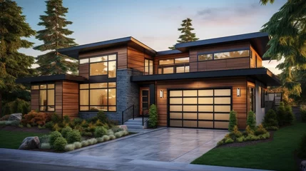Foto op Canvas Modern house in Northwest USA with flat roof brown siding and glass garage door © vxnaghiyev