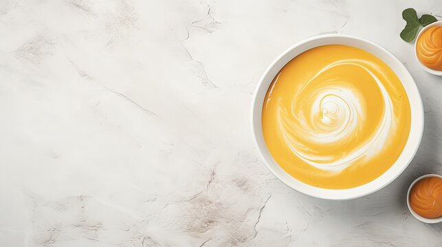 Pumpkin soup with creamy texture on marble background top view