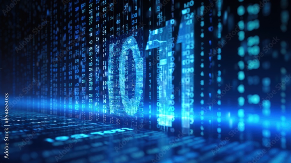 Poster Big data s power binary code on monitor LED text of ones and zeros defocused blue bokeh light Tech design background