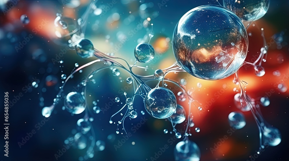 Poster Abstract background featuring biology physics and chemistry elements including cosmic patterns planet space and macro shots of molecular structures and water bubbles