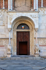 Fototapeta na wymiar Modena cathedral, Emilia Romagna, Italy, Unesco site, entrance portal of the main facade, romanesque style