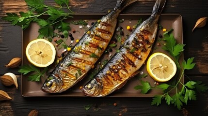 Grilled mackerel fish with lemon herbs and spices menu banner top view - obrazy, fototapety, plakaty