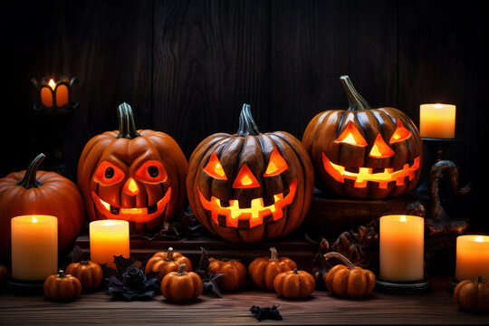 A picture of halloween pumpkins and candles on a wooden surface, halloween celebrations photo