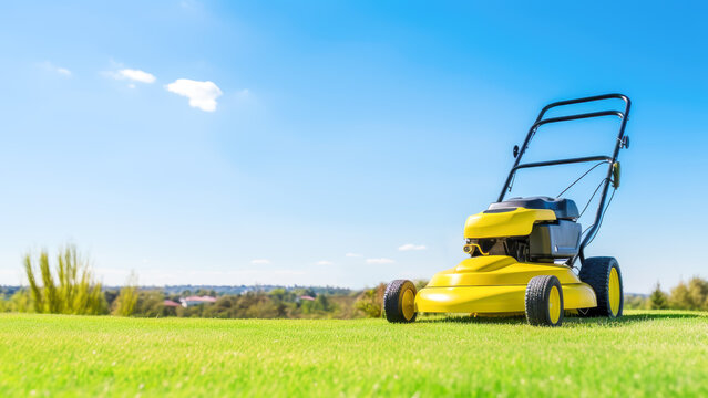 Lawn mower on green grass on beautiful lawn on landscape background with clear blue sky. Machine for cutting lawns. Gardening care tools and equipment. Banner size, copy space