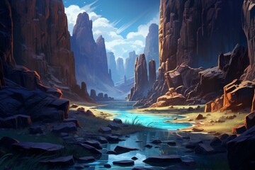 A painting of a river surrounded by mountains, rocks, and a narrow canyon with water. Generative AI - obrazy, fototapety, plakaty