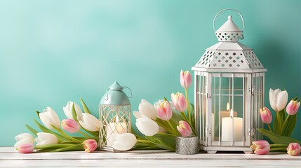 Selective focus on fresh spring flowers white and pink tulips and narcissus in decorative bird cages illuminated by a ray of light against a turquoise wooden backdrop Perfect for text placement - Powered by Adobe