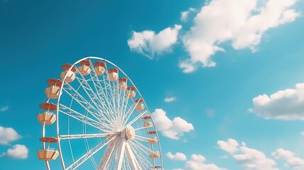 Ferris wheel in sunny resort town Rotating with cabins against blue sky Symbolizes lifestyle fun and relaxation