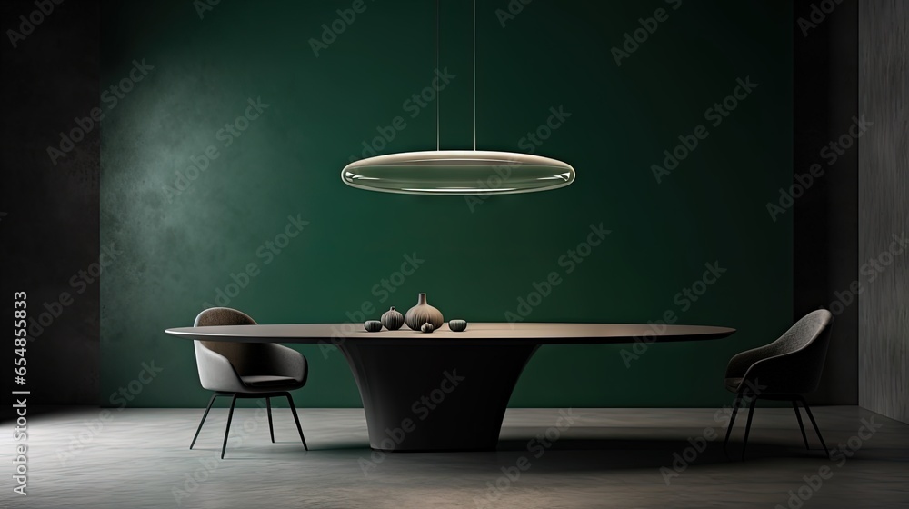 Poster minimalist concept 3d rendering of a dark green and grey dining room with panoramic window oval tabl